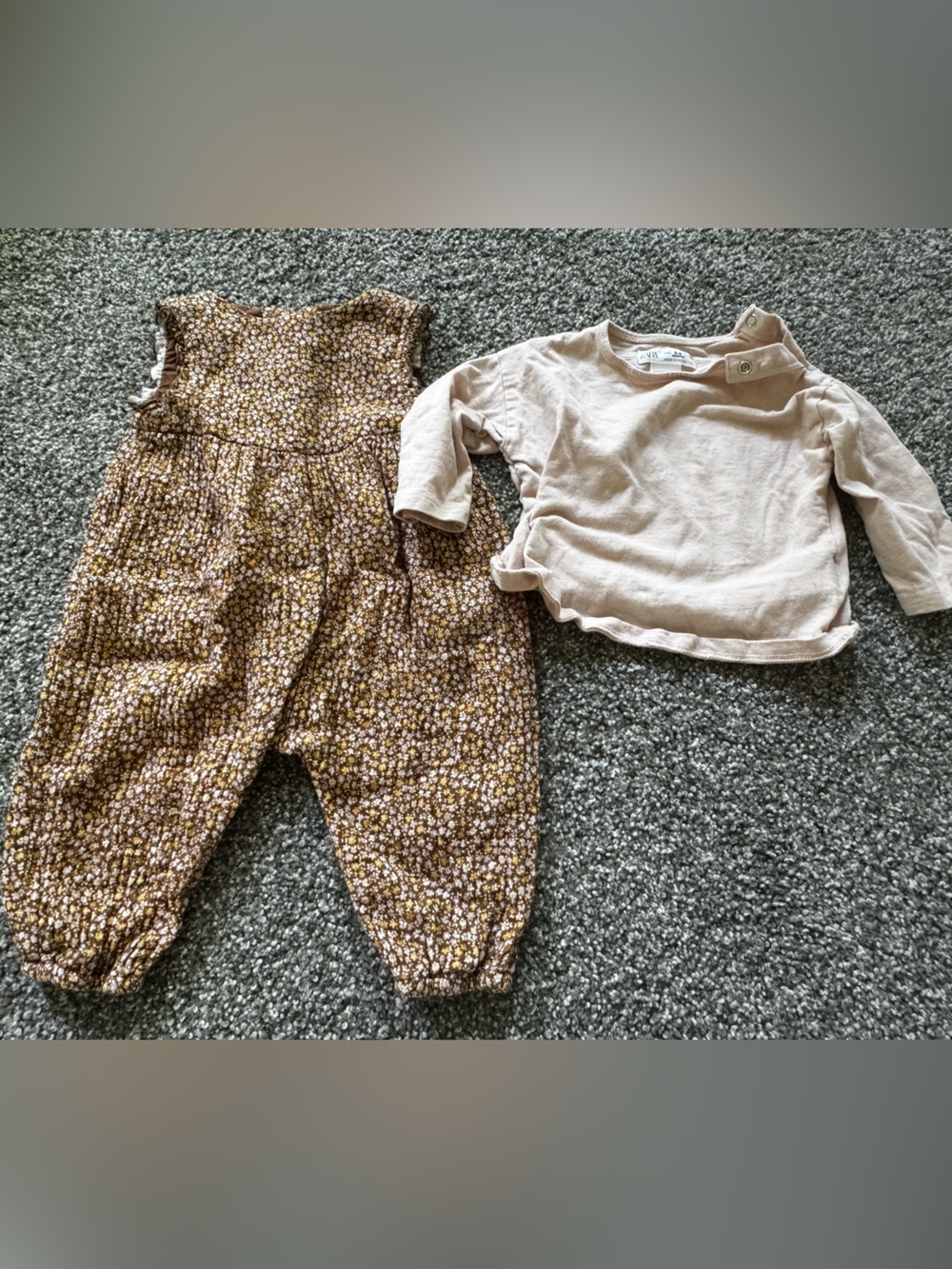 ZARA Two-Piece Baby Outfit - Floral Brown Overalls & light pink top
